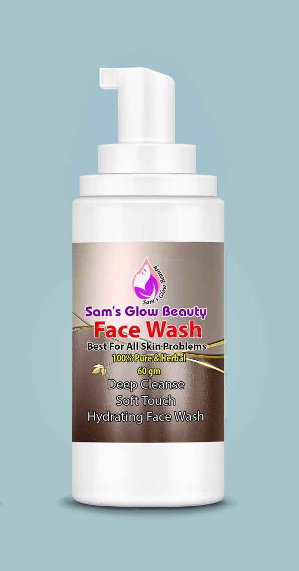 Sam’s Glow Beauty Facewash bottle on a natural stone surface surrounded by fresh herbs.