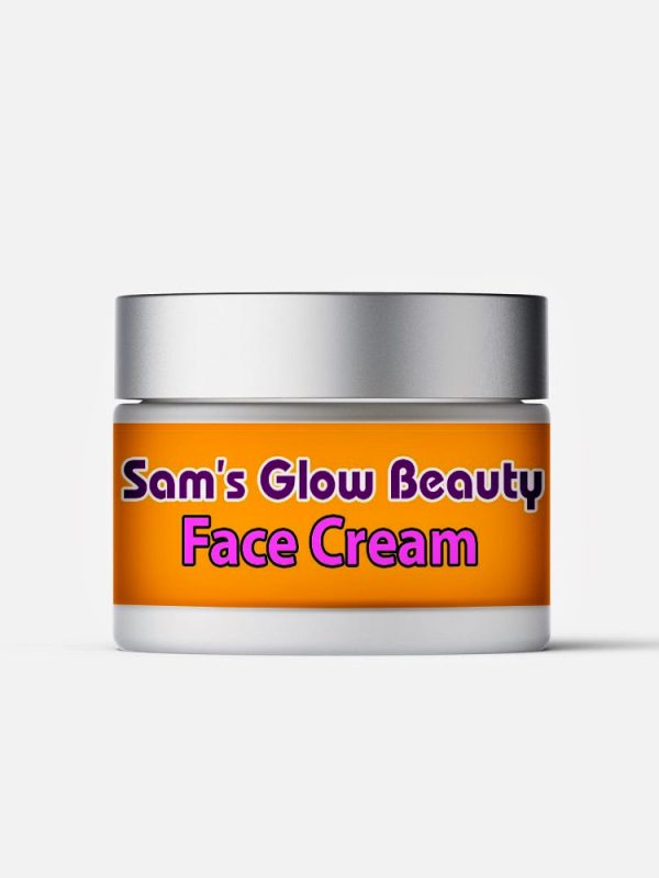 Sam's Glow Beauty Cream jar on a wooden surface surrounded by organic ingredients