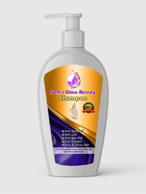 Sam's Glow Beauty Hair Shampoo bottle on a wooden surface surrounded by fresh herbs