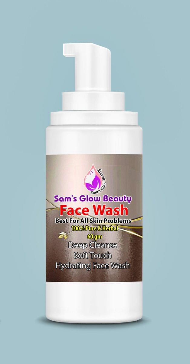 Sam’s Glow Beauty Facewash bottle on a natural stone surface surrounded by fresh herbs. Sam’s Glow Beauty Facewash bottle on a natural stone surface surrounded by fresh herbs.