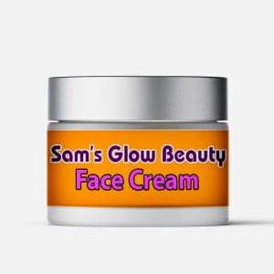 Sam's Glow Beauty Cream jar on a wooden surface surrounded by organic ingredients