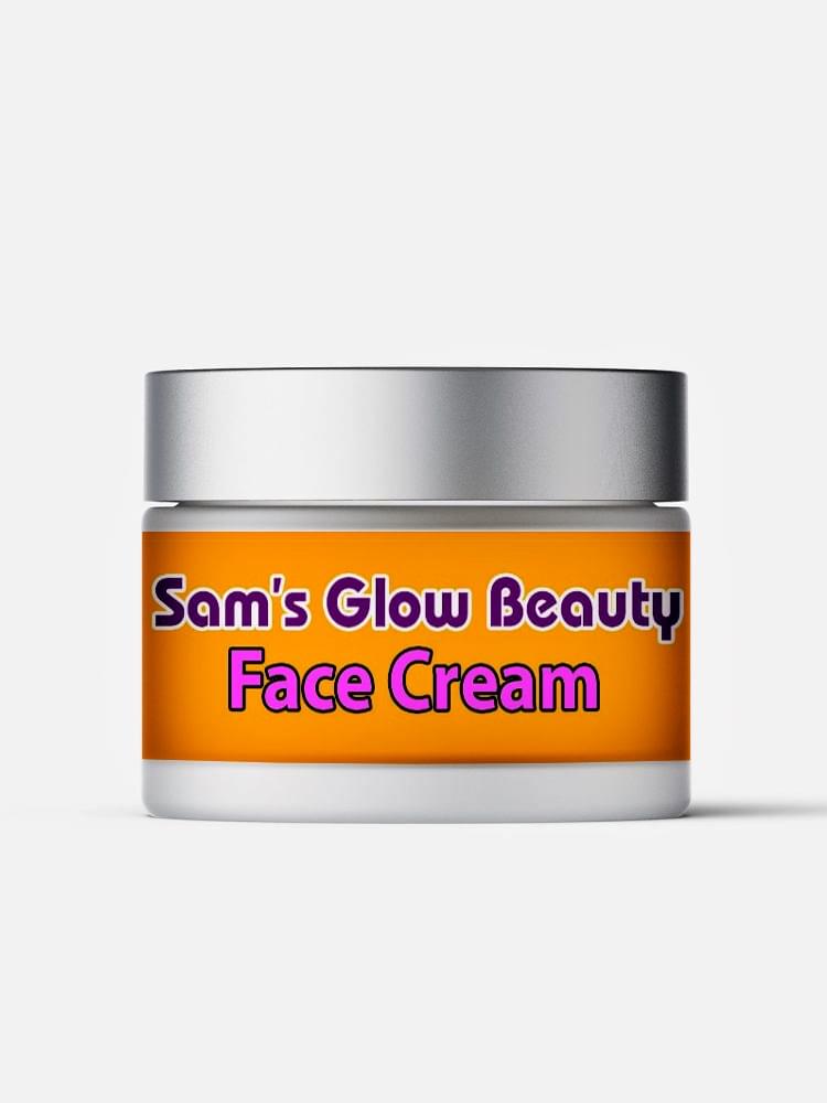 Sam's Glow Beauty Cream jar on a wooden surface surrounded by organic ingredients Sam's Glow Beauty Cream jar on a wooden surface surrounded by organic ingredients