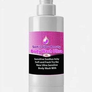 Sam's Glow Beauty Body Wash bottle on a marble countertop surrounded by natural ingredients.